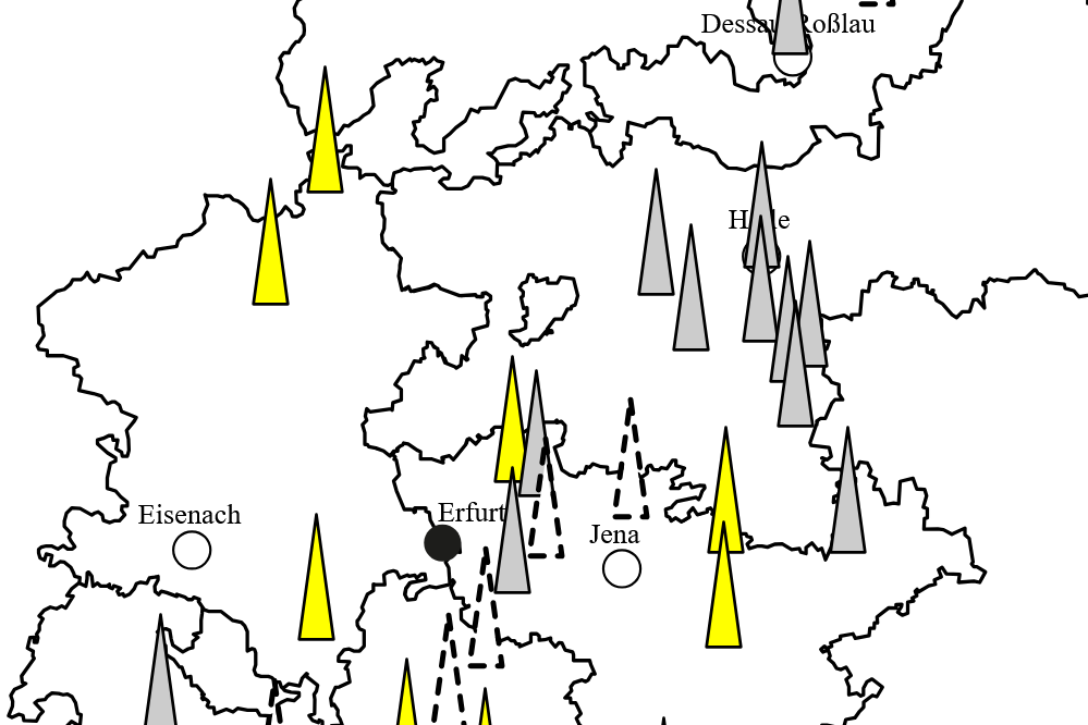 Landkarte von Thüringen mit Kirchtürmen