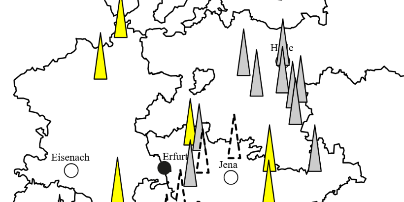 Landkarte von Thüringen mit Kirchtürmen