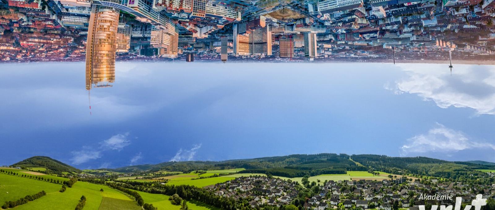 Bilder einer Stadt und einer Landschaft auf dem Kopf