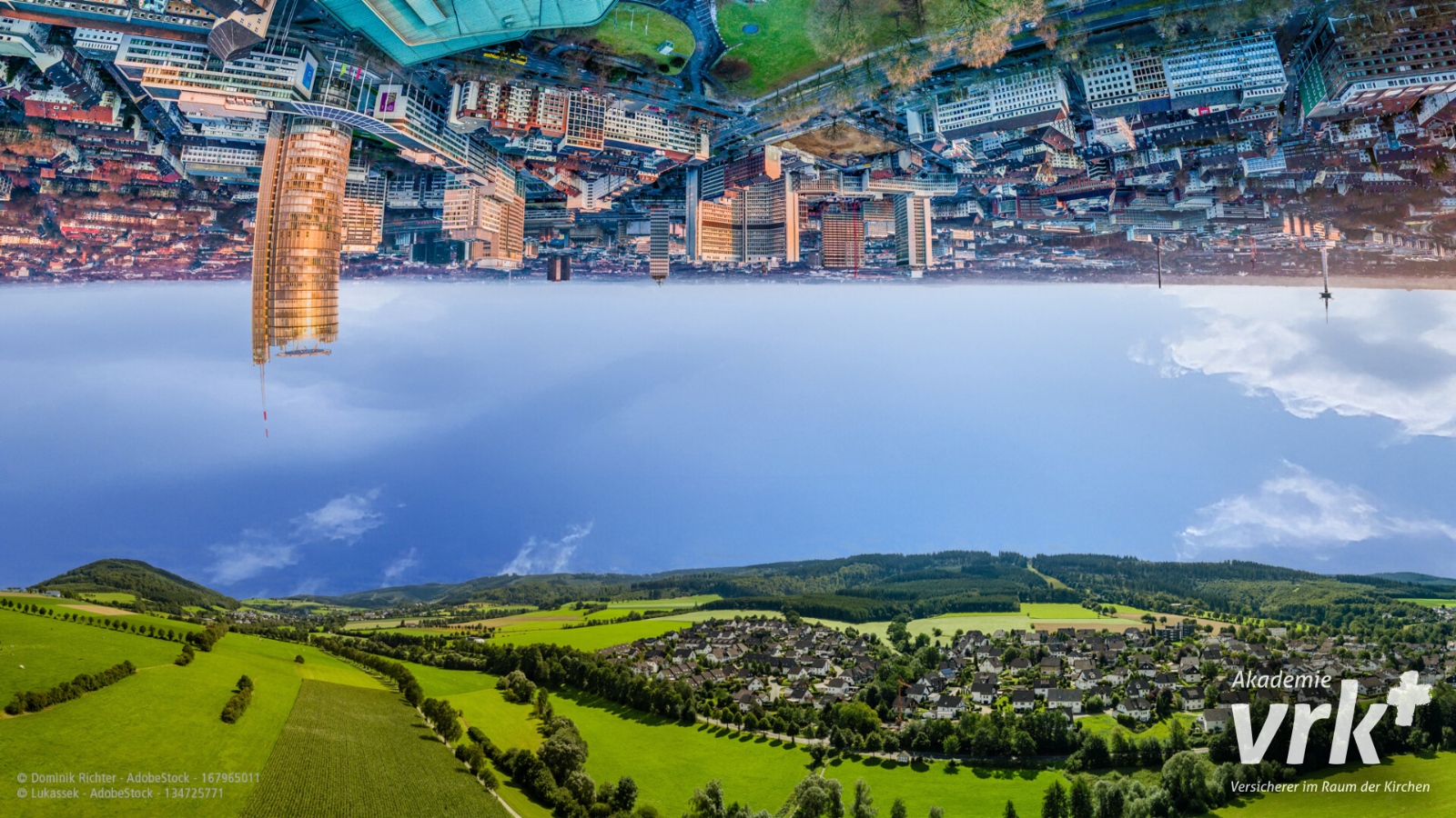 Bilder einer Stadt und einer Landschaft auf dem Kopf