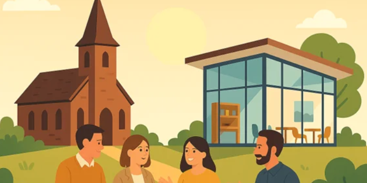 Grafik vier Menschen im Gespräch vor Kirche