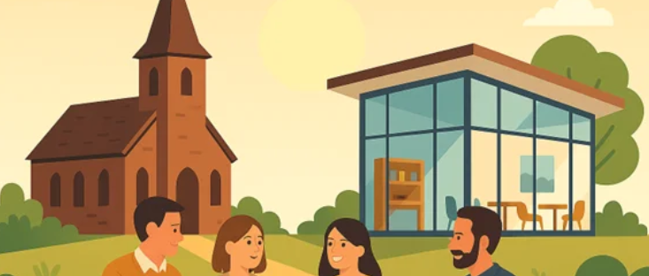 Grafik vier Menschen im Gespräch vor Kirche