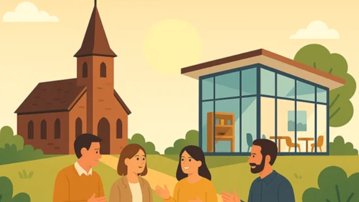 Grafik vier Menschen im Gespräch vor Kirche