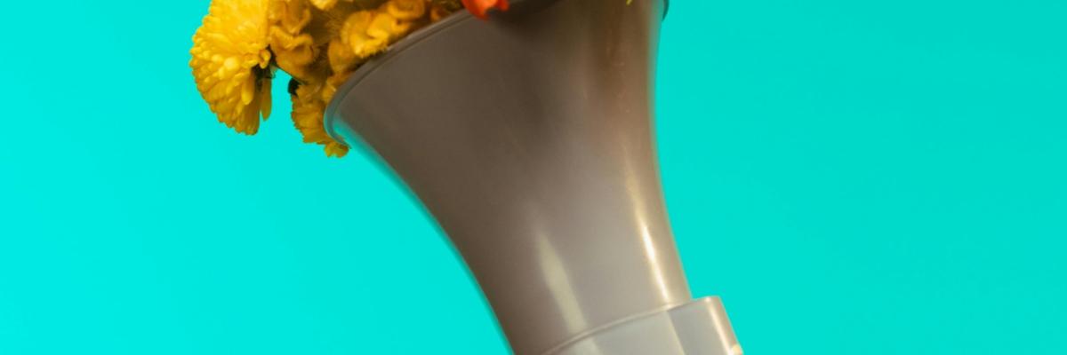 Ein von einer Hand gehaltenes graues Megafon vor türkisem Hintergrund, aus dem ein Blumenstrauß quillt