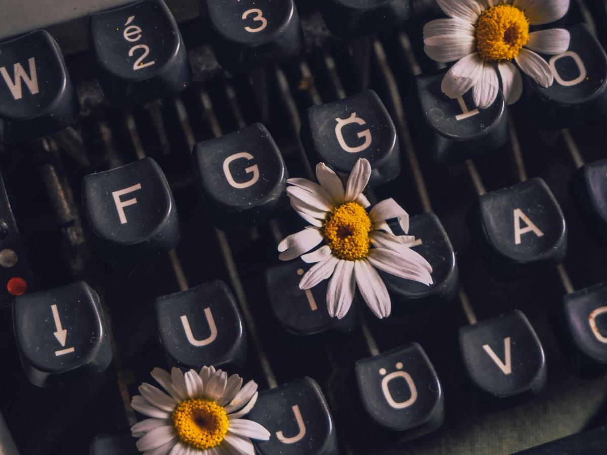 Die Tastatur einer Schreibmaschine mit drei Blumen zwischen den Tasten