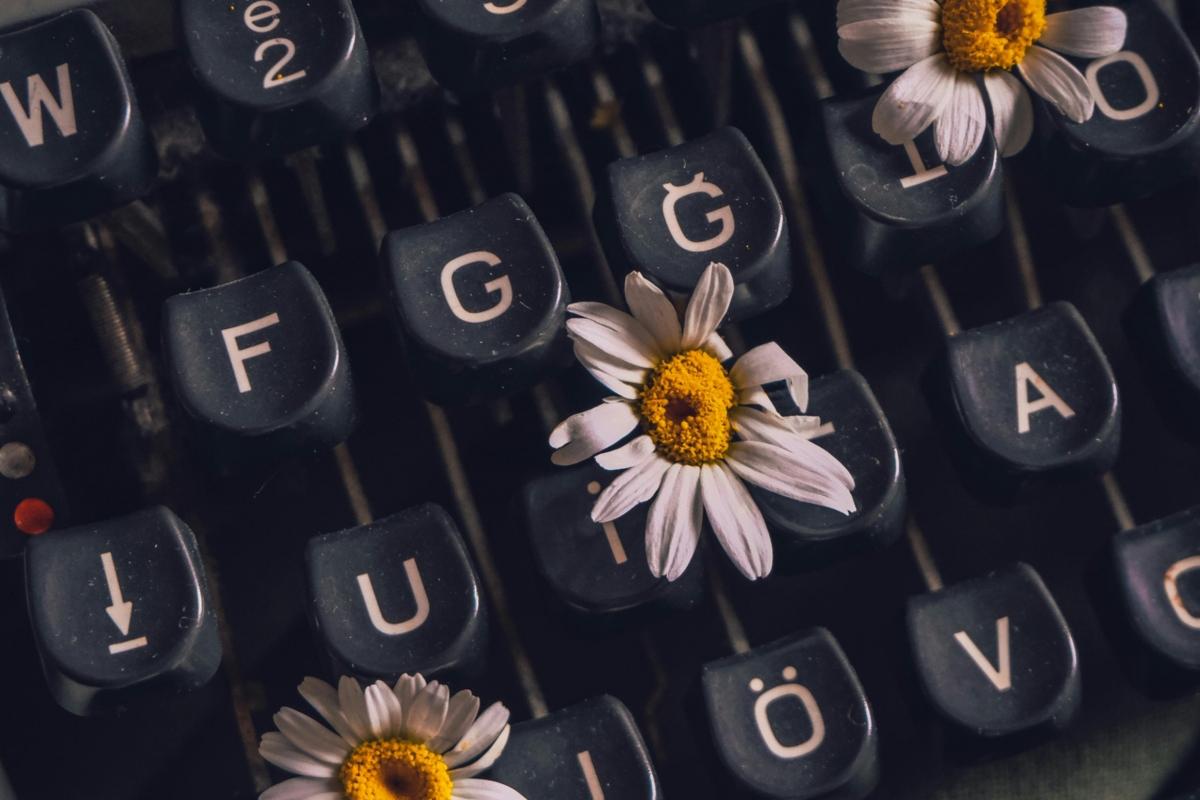 Die Tastatur einer Schreibmaschine mit drei Blumen zwischen den Tasten